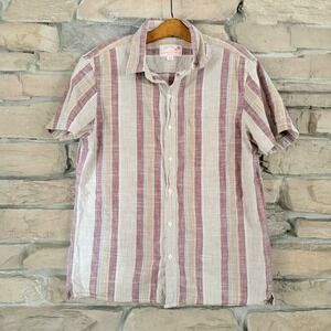 American Eagle Mens Short Sleeve Button Down Shirt Burgundy Tan Striped Medium